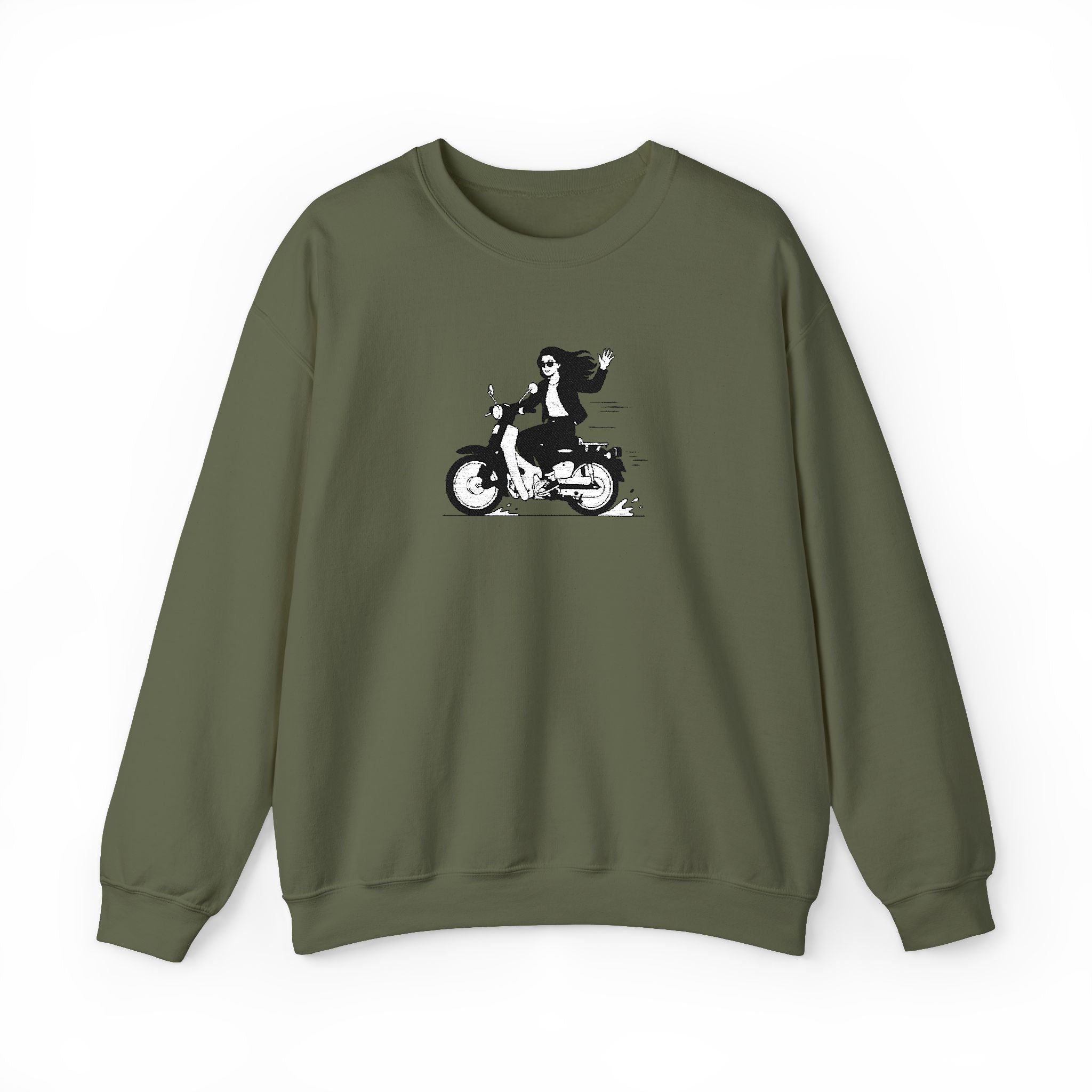 Green sweatshirt with a graphic of a person on a motorcycle on a white background