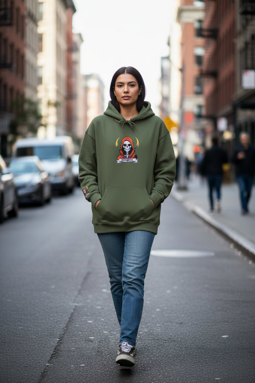 Green hoodie with a graphic design on a white background