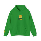 Green hoodie with a house graphic and text on a white background