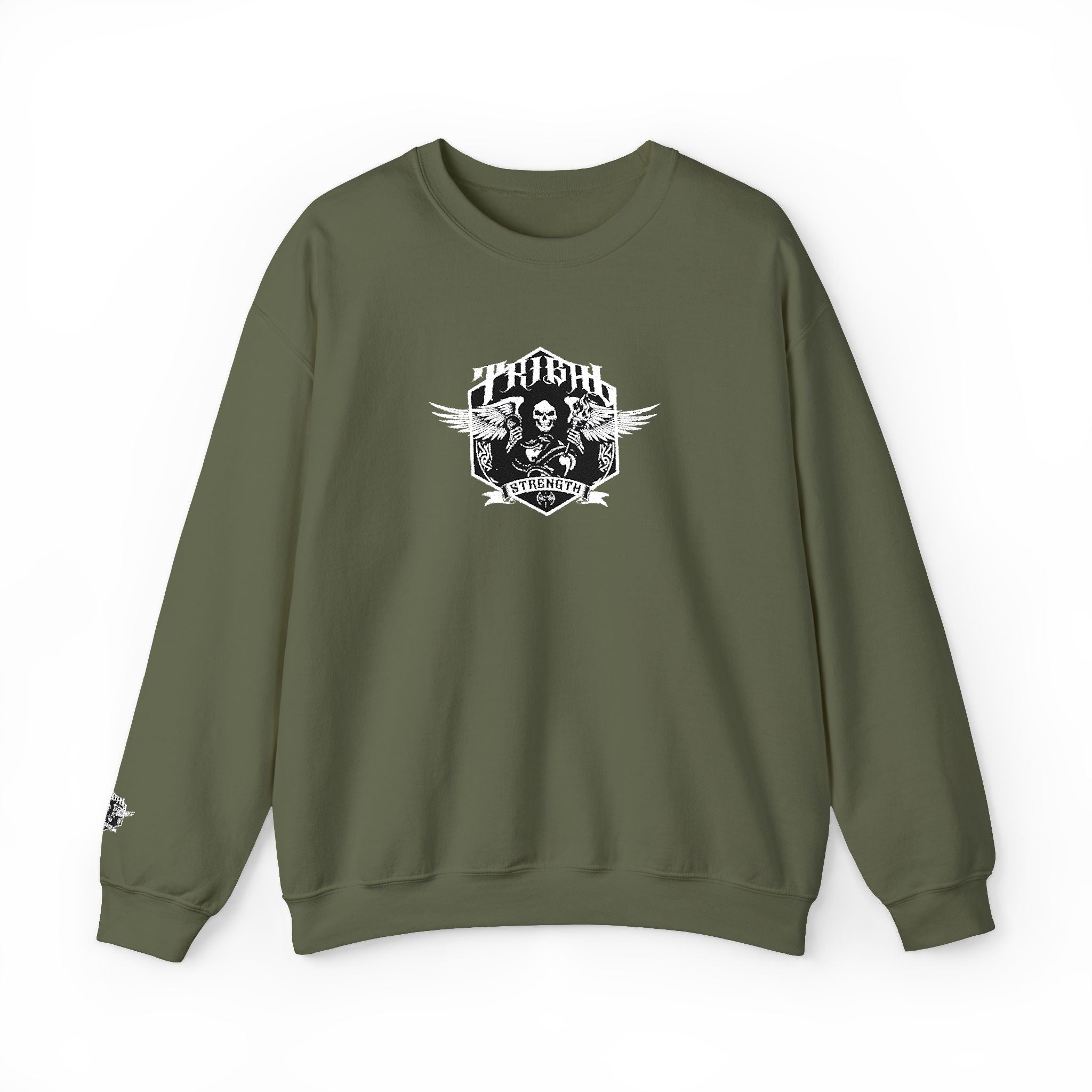 Green sweatshirt with a graphic design on a white background