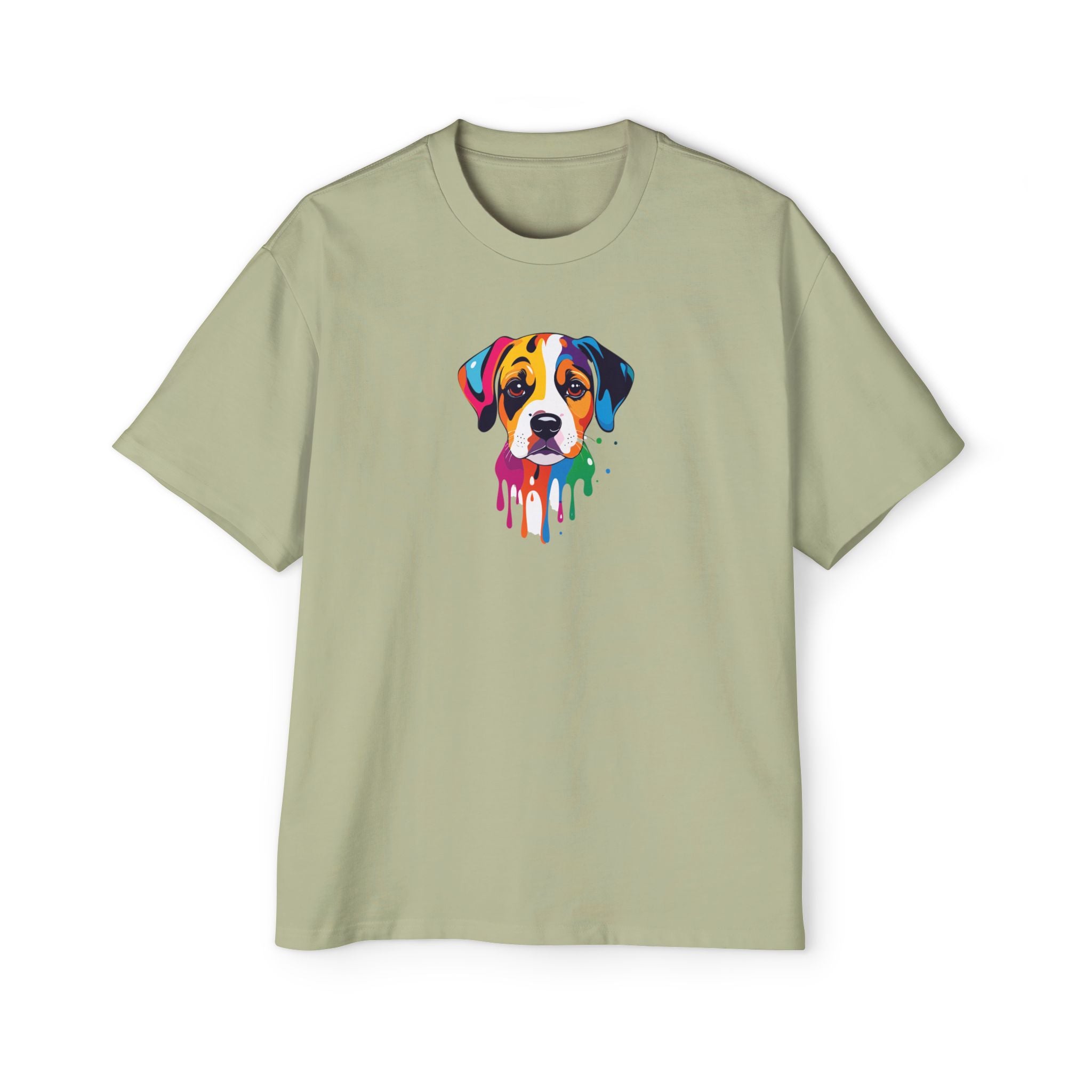 Sage green t-shirt with a colorful dog graphic on a white background
