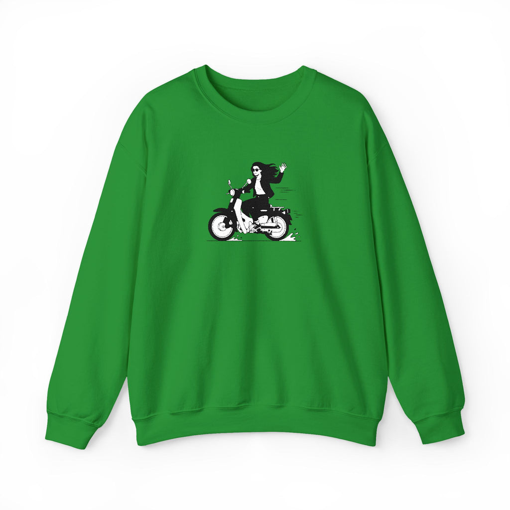 Green sweatshirt with a graphic of a person on a motorcycle on a white background