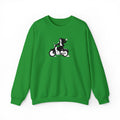 Green sweatshirt with a graphic of a person on a motorcycle on a white background