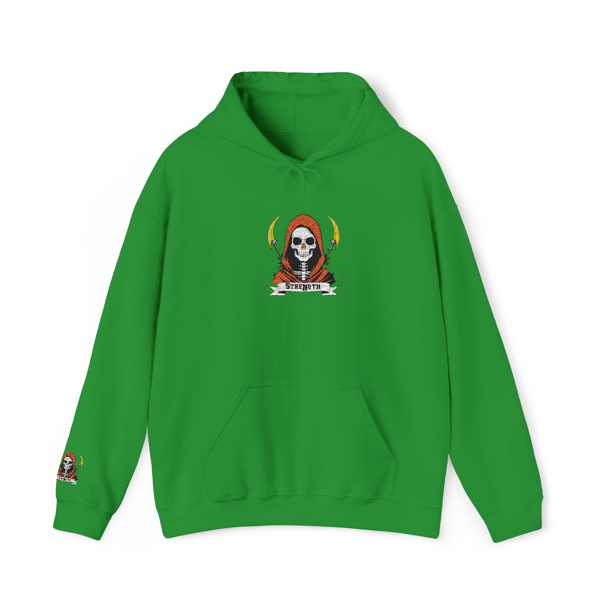 Green hoodie with a graphic design on a white background