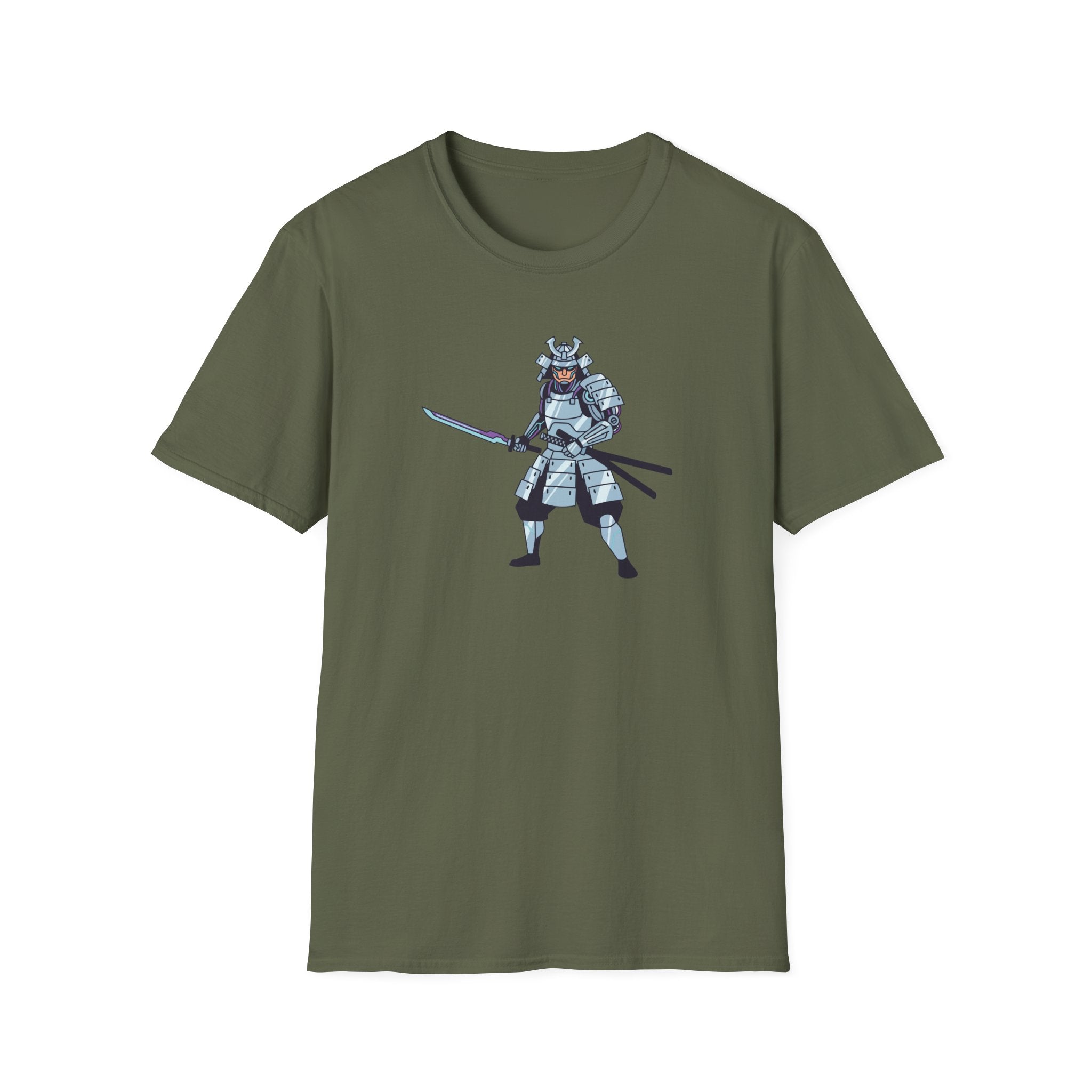 Green t-shirt with a samurai graphic on a white background