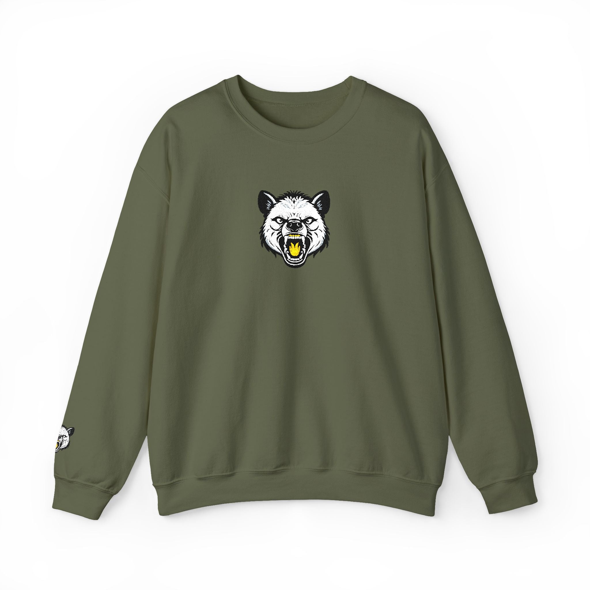 Green sweatshirt with a bear graphic on a white background