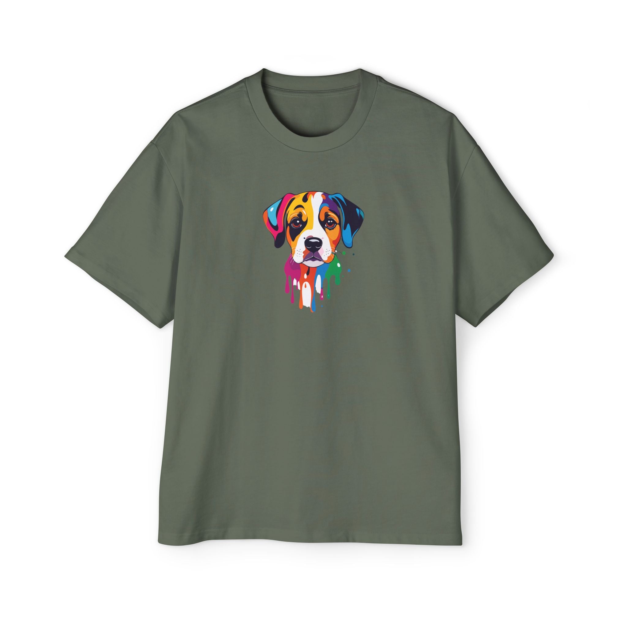 Green t-shirt with a colorful dog graphic on a white background