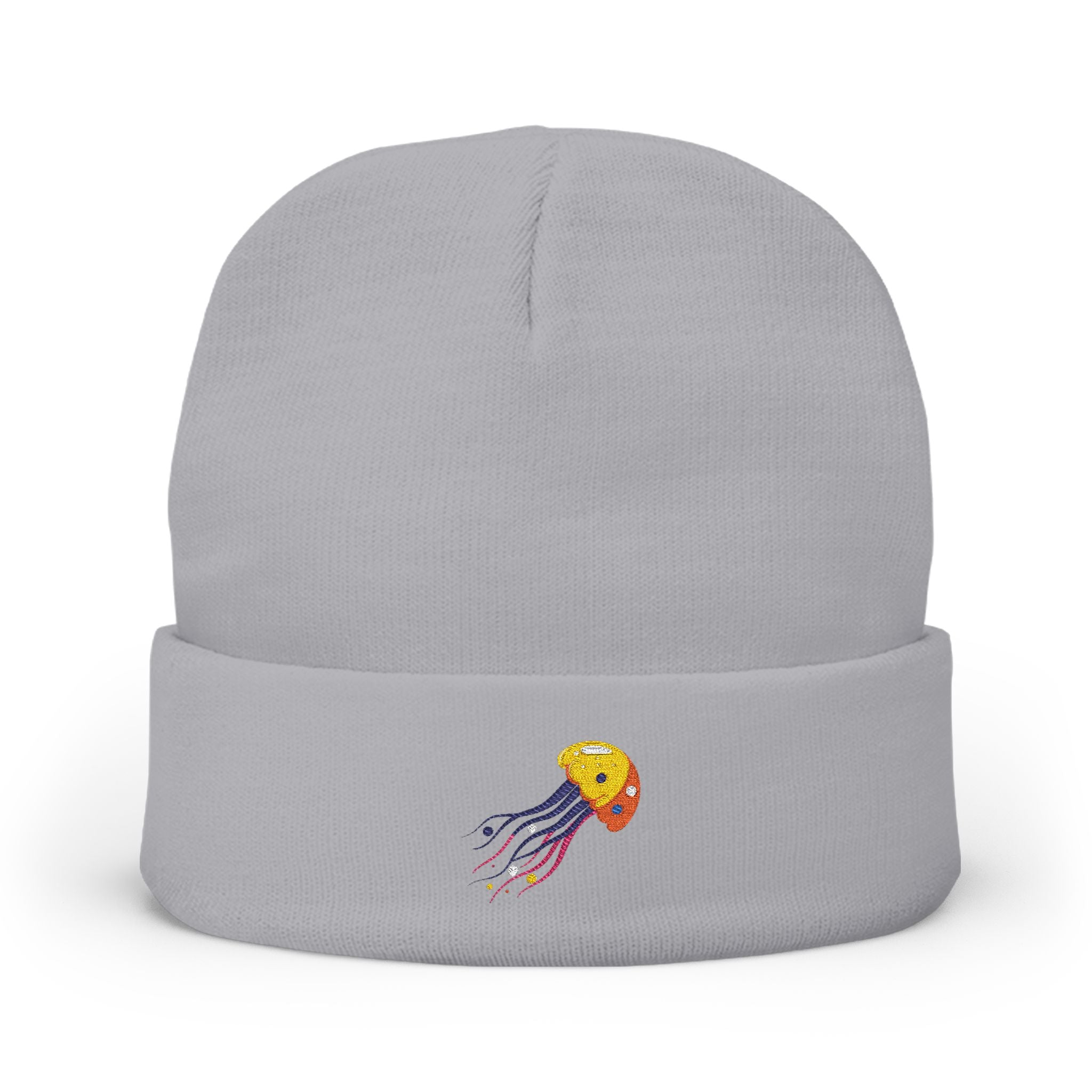 Gray beanie with a colorful jellyfish design on a white background