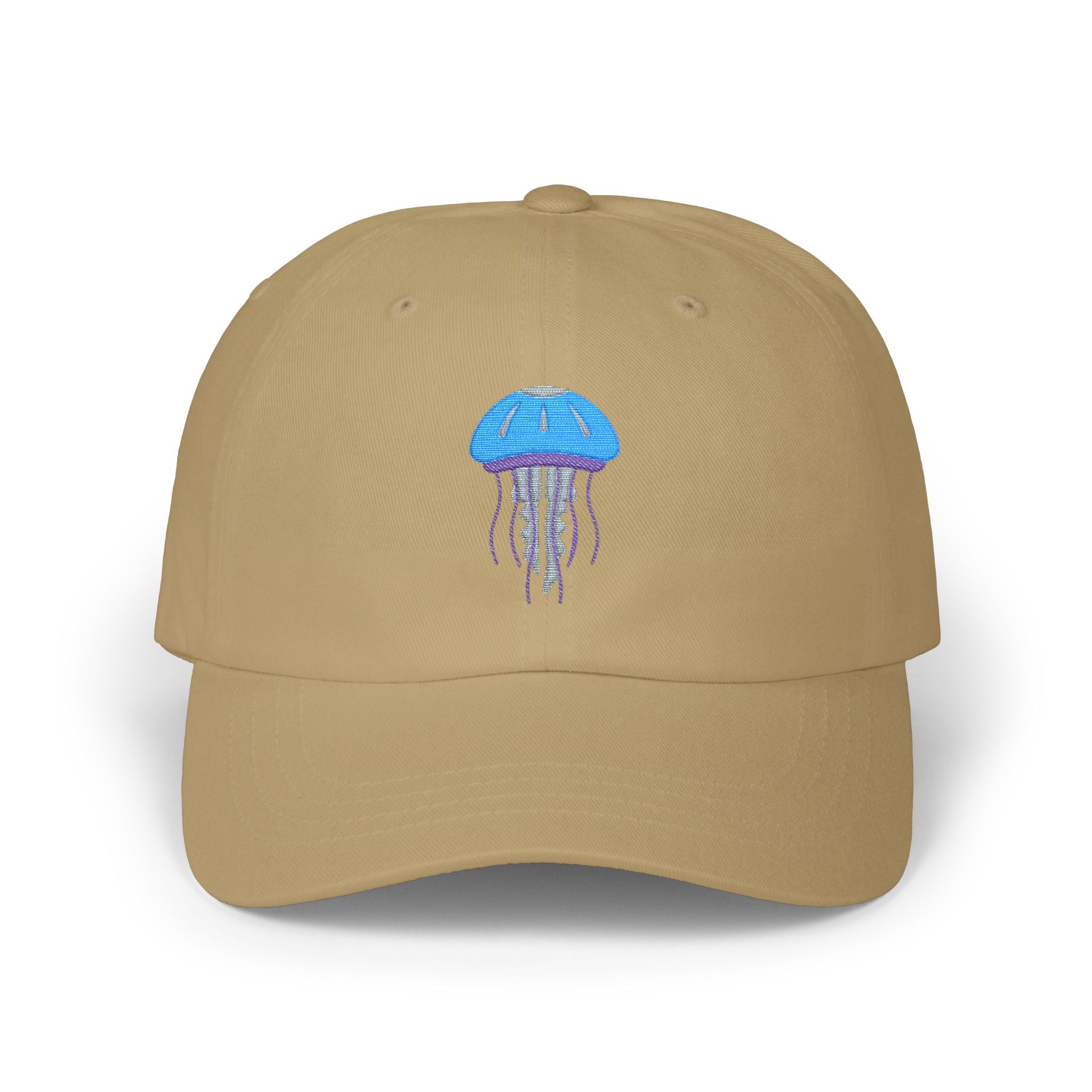 Beige cap with a jellyfish design on a white background