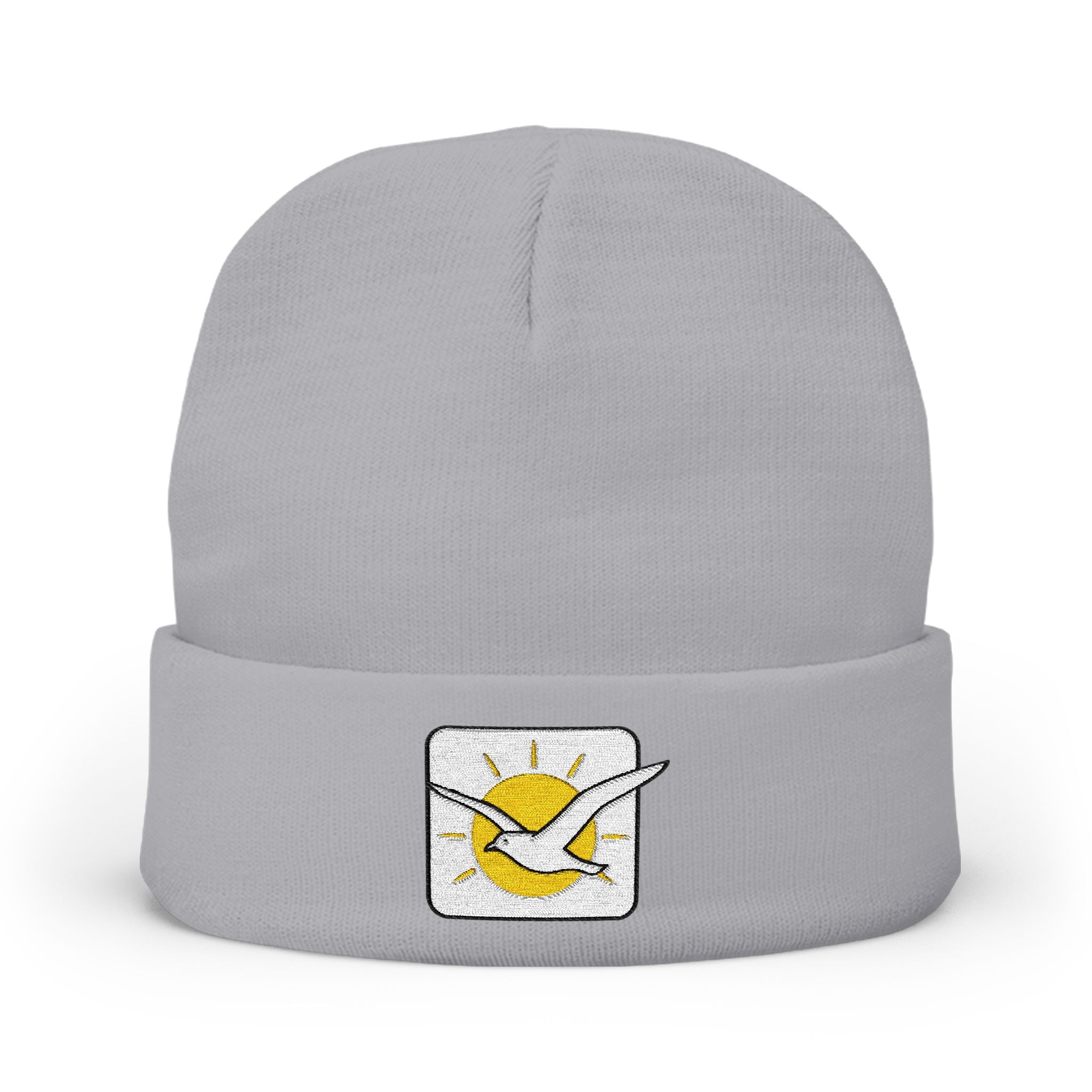 Gray beanie with a logo featuring a bird and sun on a white background