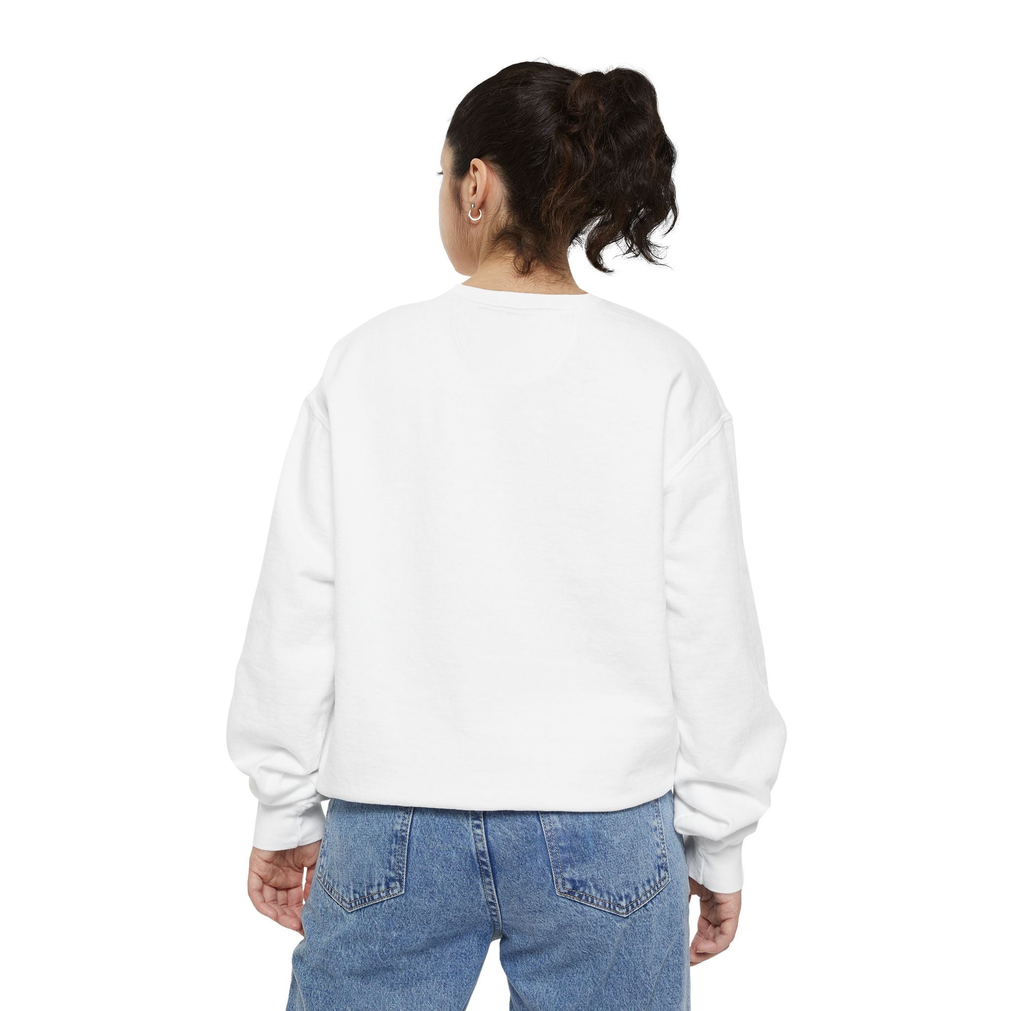 Person wearing a white sweatshirt and blue jeans on a white background