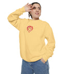 Person wearing a yellow sweatshirt with a heart design on a white background