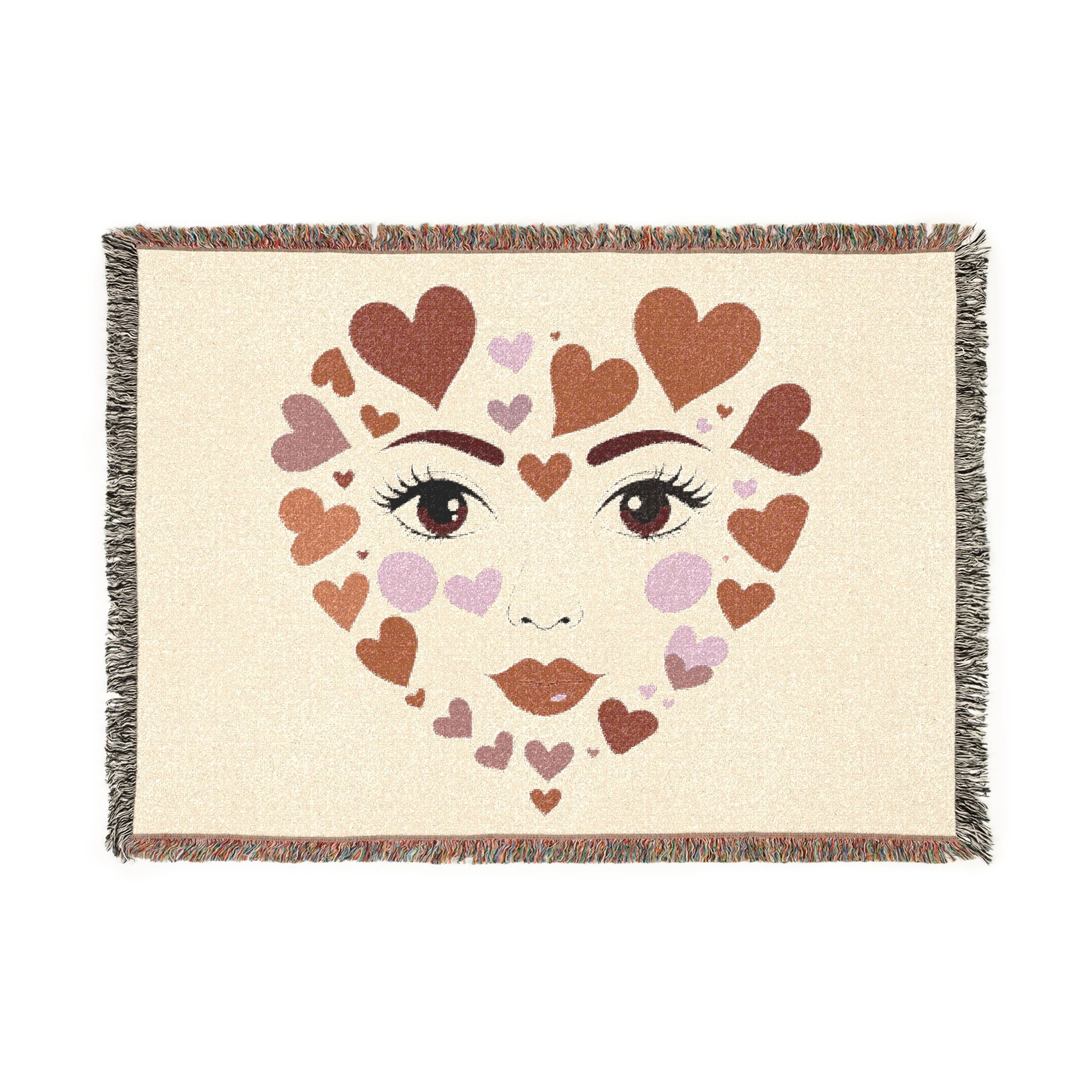Blanket with heart design forming a face on a beige background