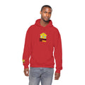 Man wearing a red hoodie with a logo on a white background