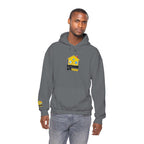 Man wearing a gray hoodie with a colorful graphic on a white background