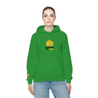 Person wearing a green hoodie with a logo on a white background