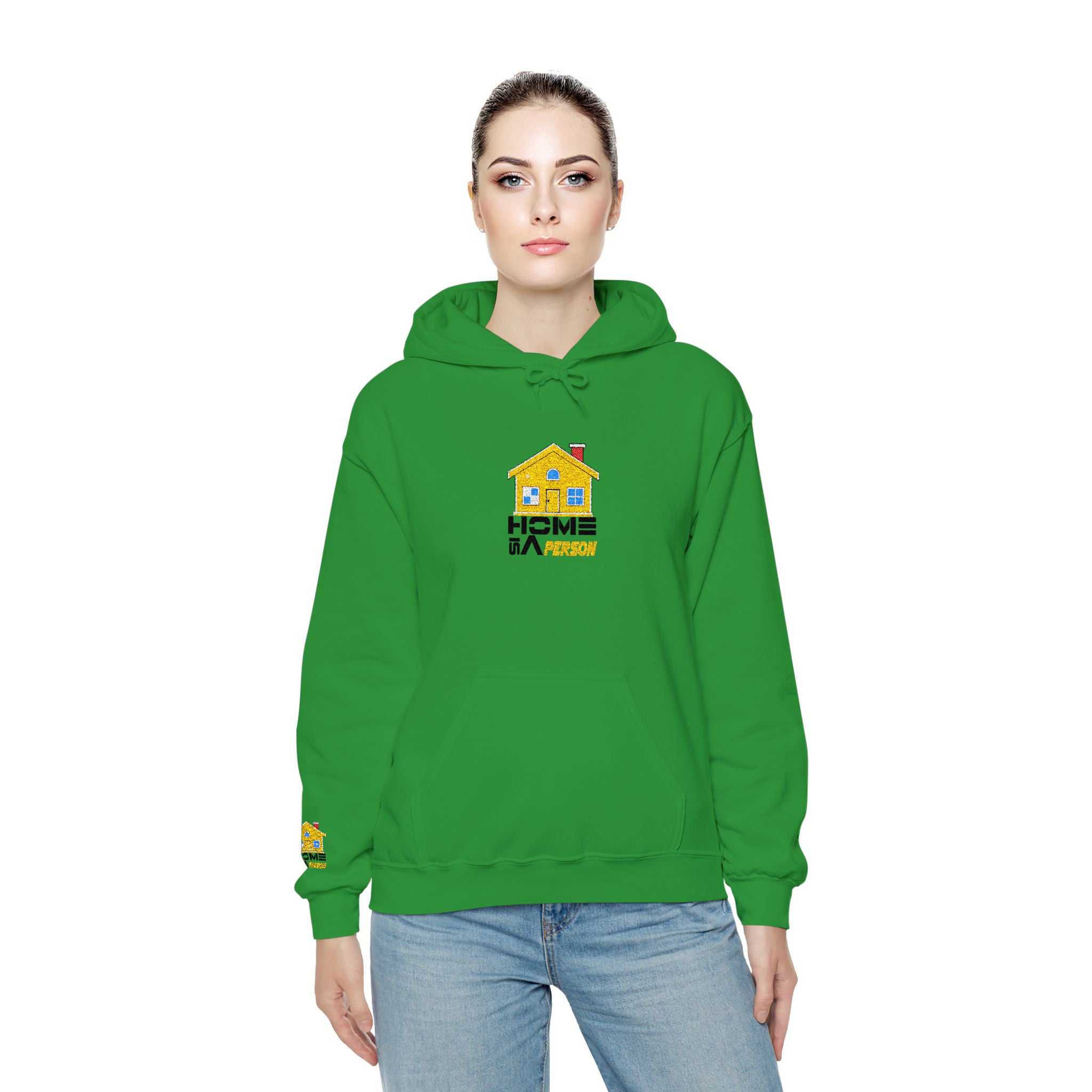 Person wearing a green hoodie with a logo on a white background