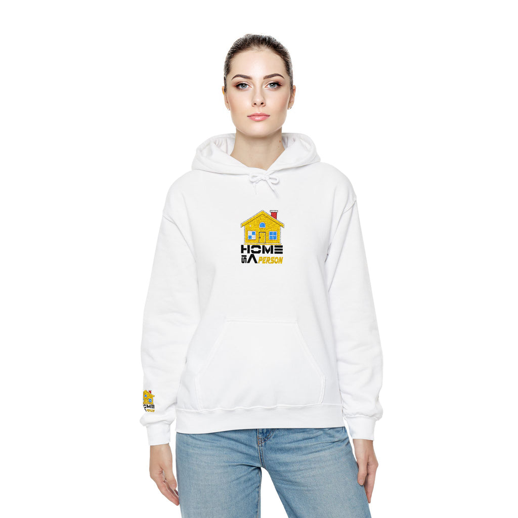Woman wearing a white hoodie with a logo on a white background