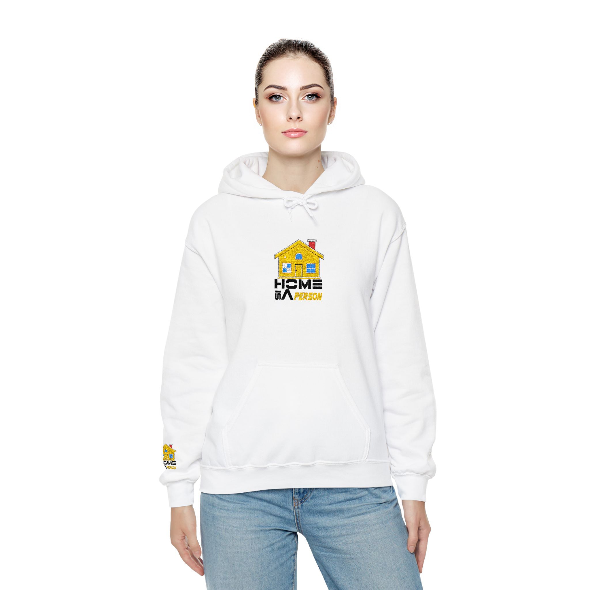 Woman wearing a white hoodie with a logo on a white background