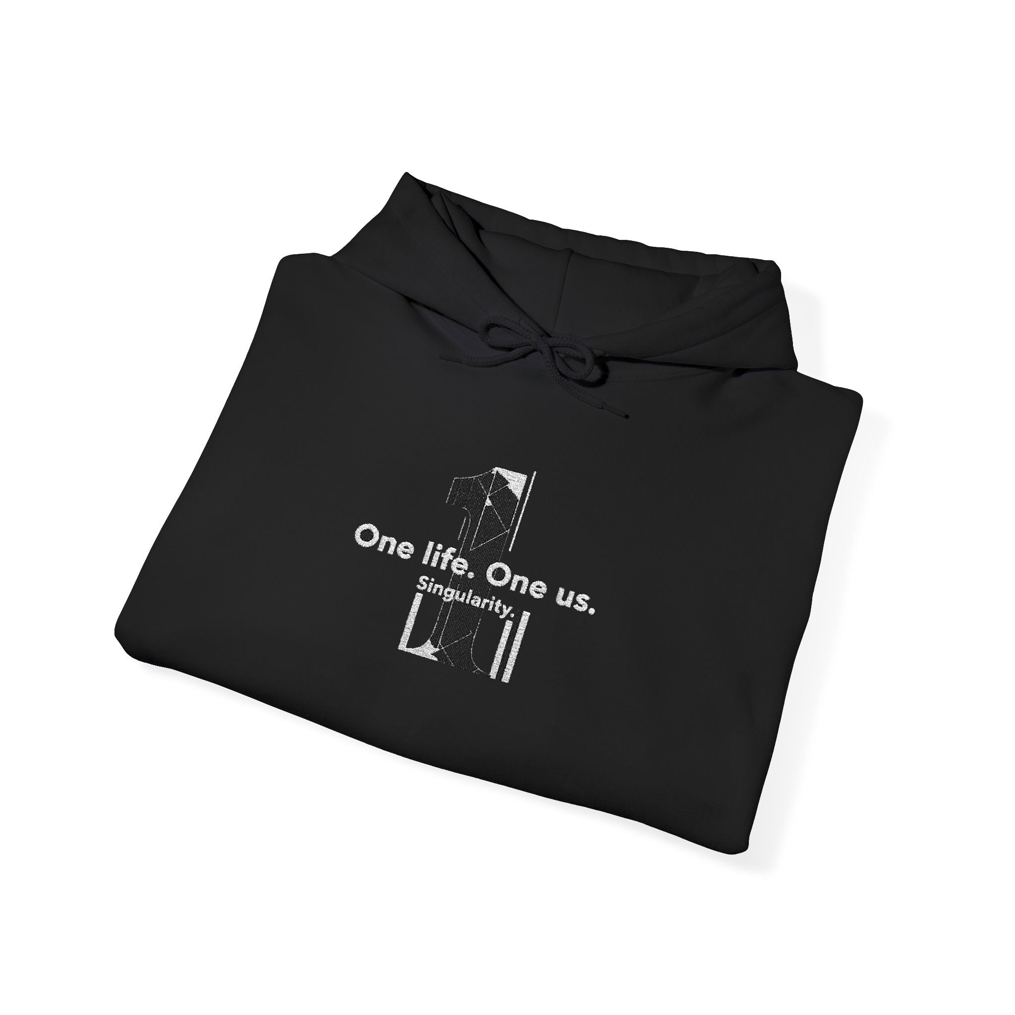 Folded black hoodie with white text and graphic on a white background