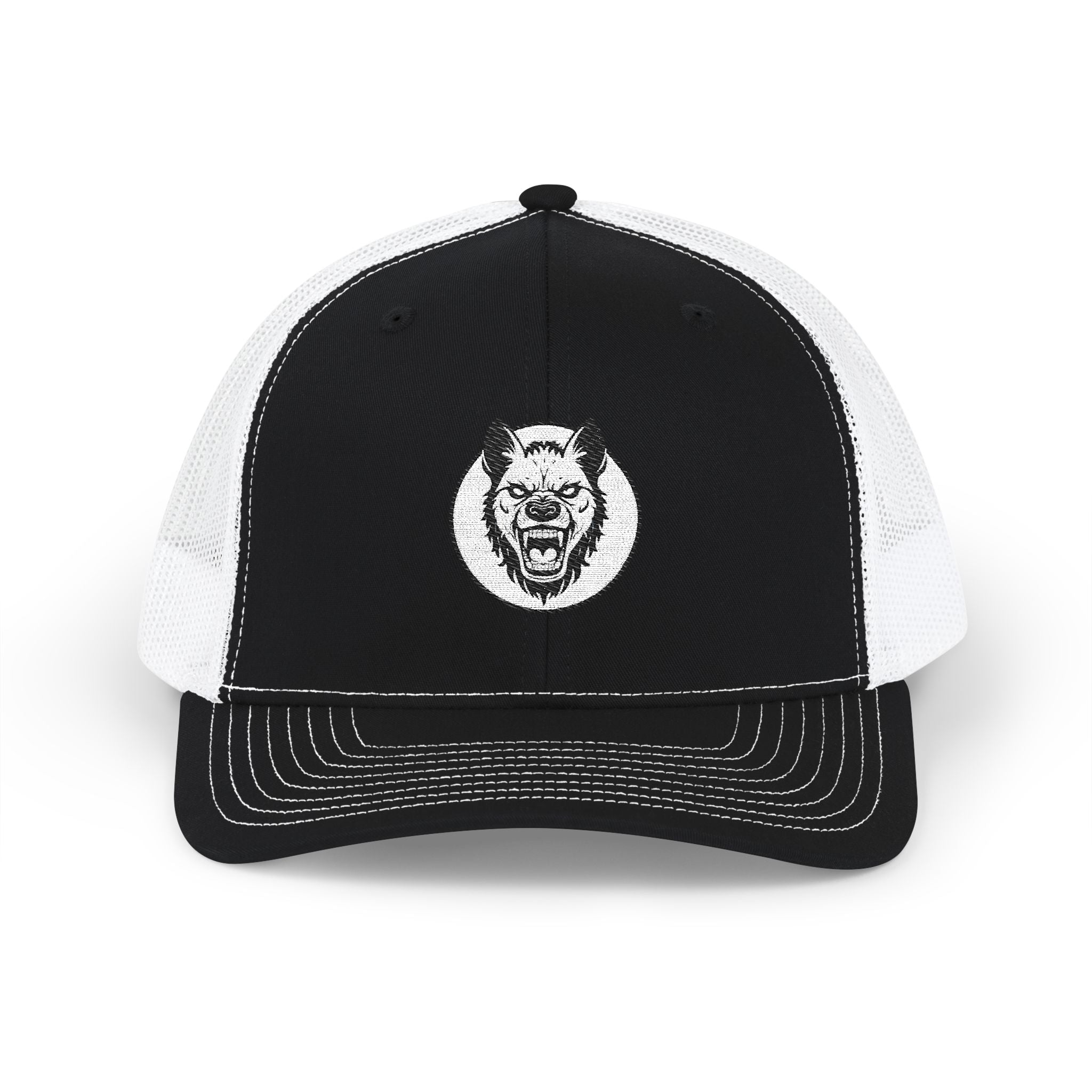 Black and white cap with a graphic design on a white background