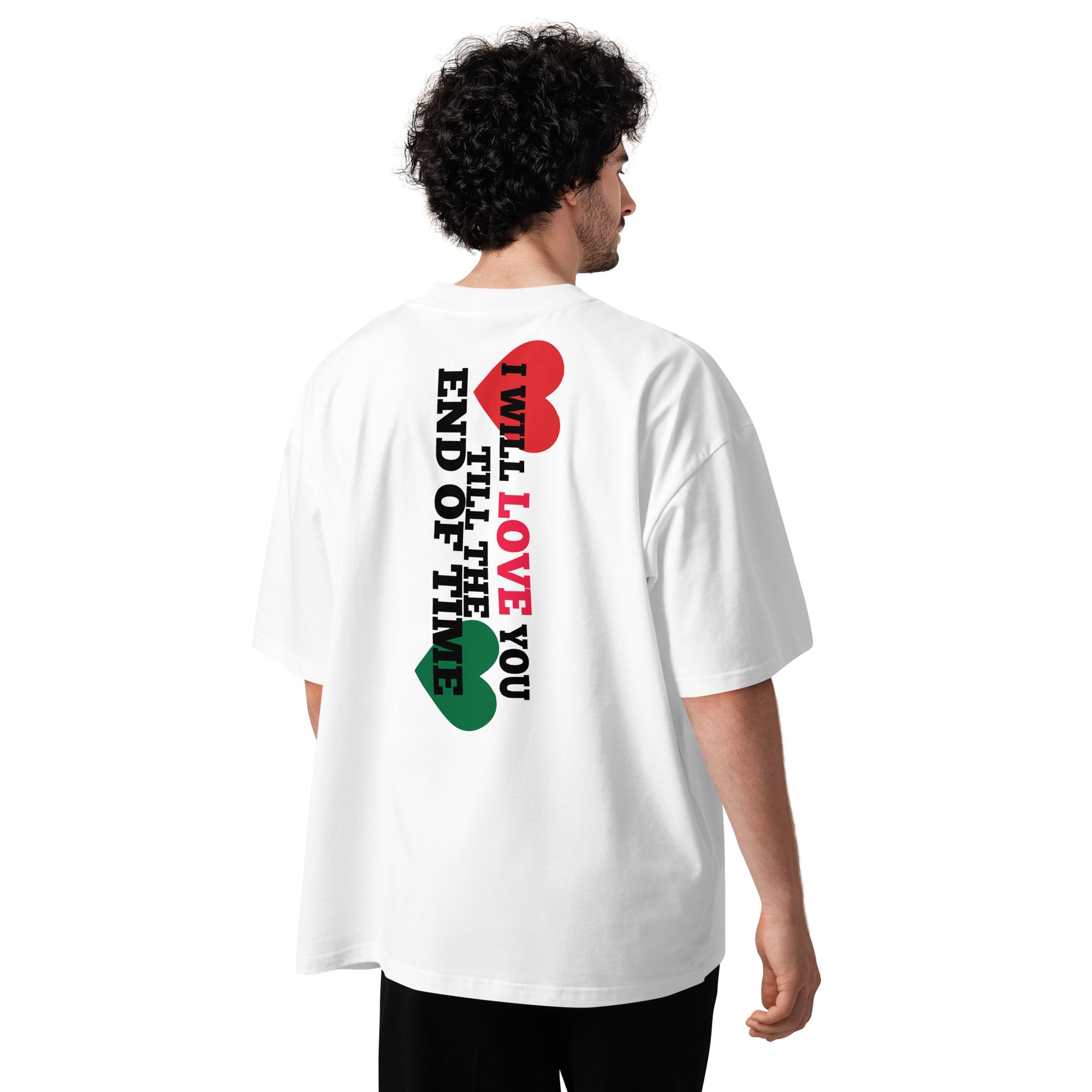 Person wearing a white t-shirt with colorful text and graphics on the back against a white background