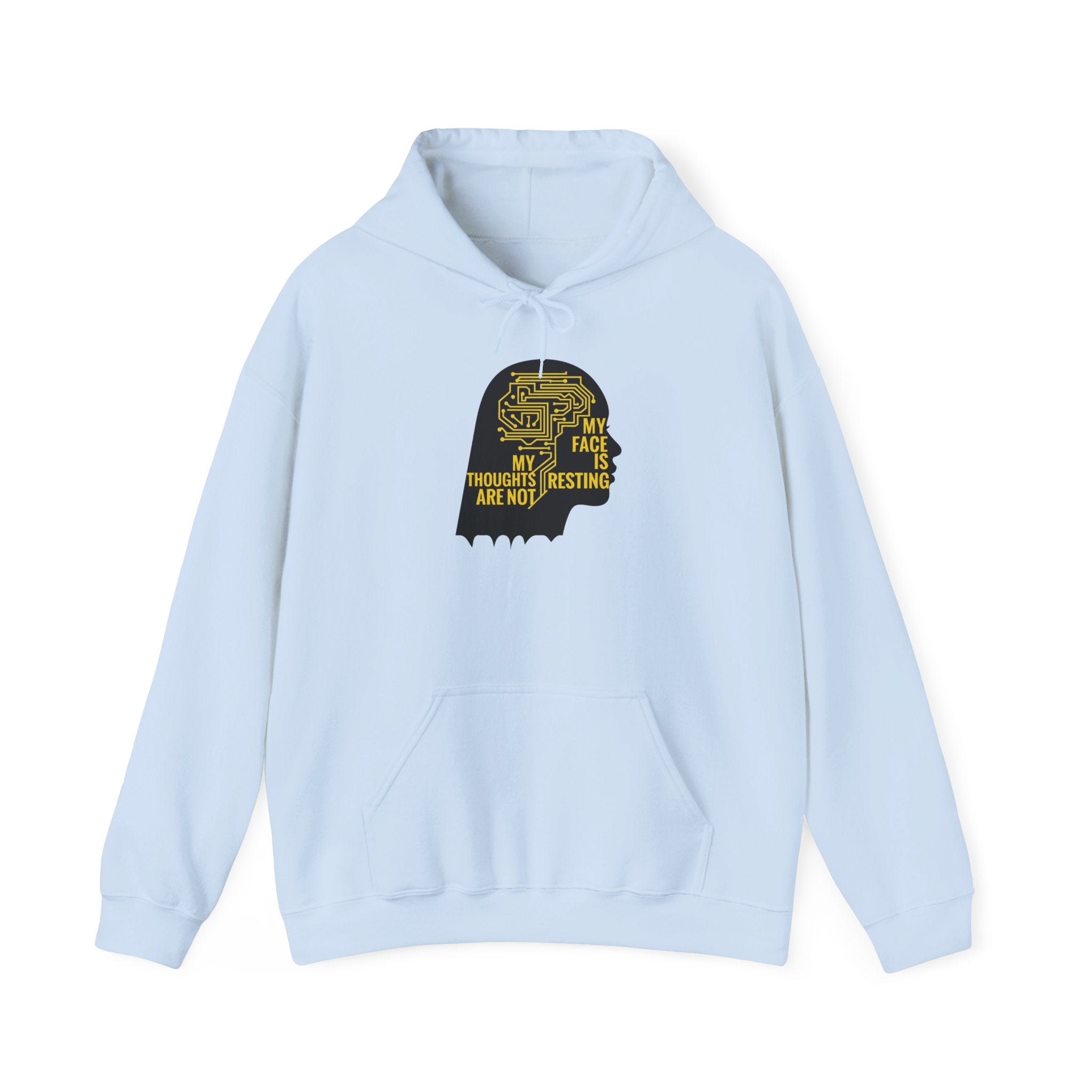 Light blue hoodie with a black and yellow graphic on a white background