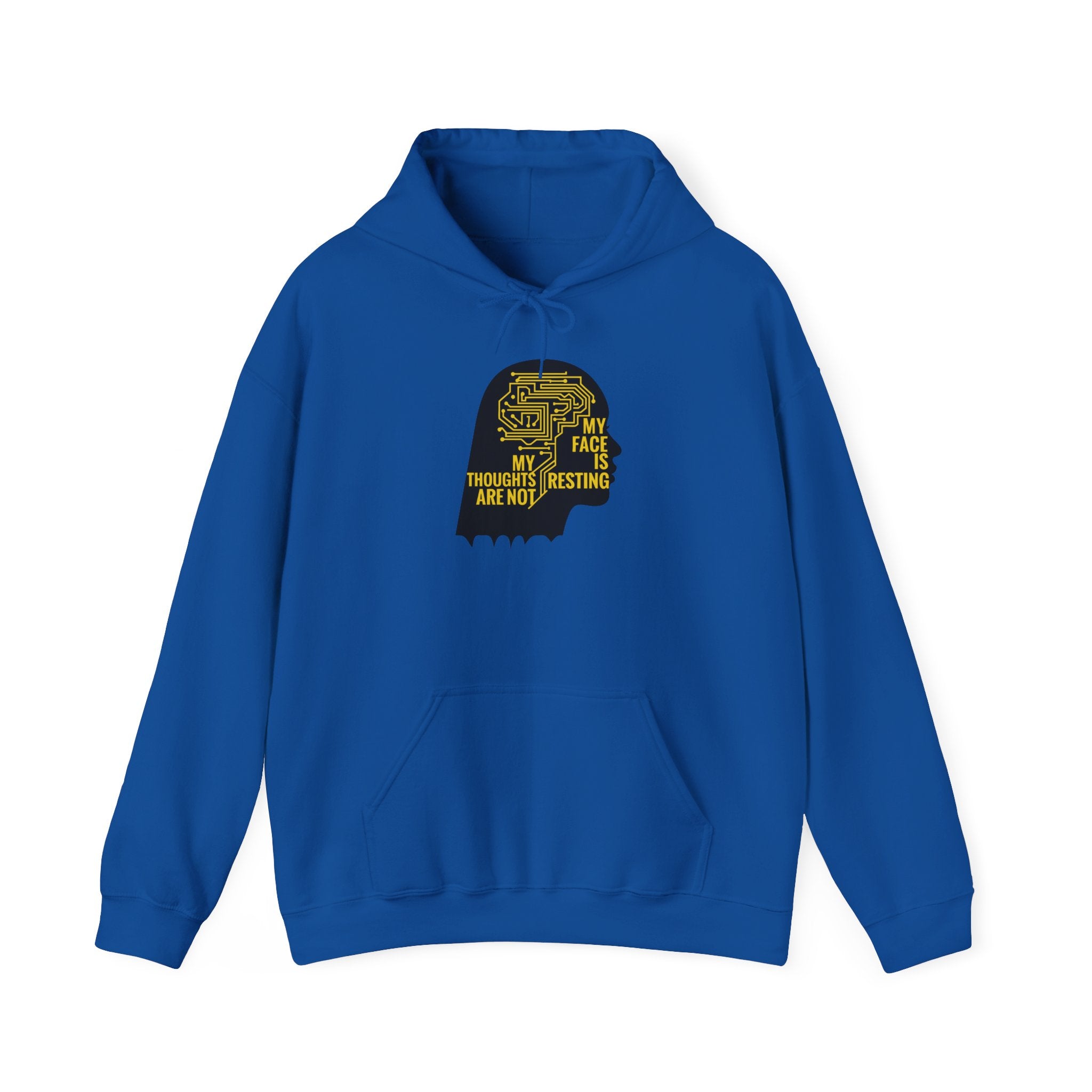 Blue hoodie with a graphic design on a white background