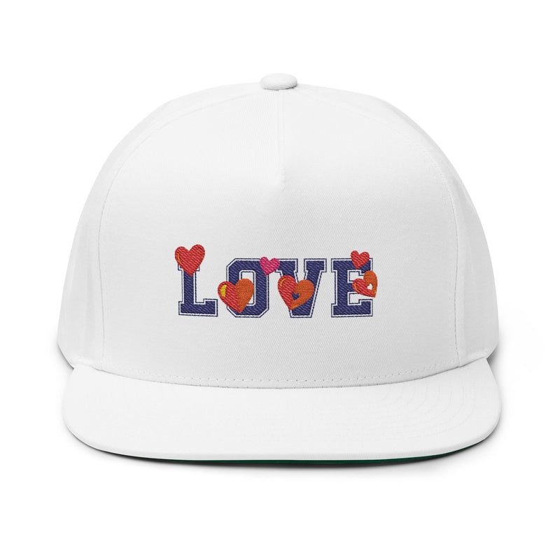 White cap with 'LOVE' text and heart designs on a white background