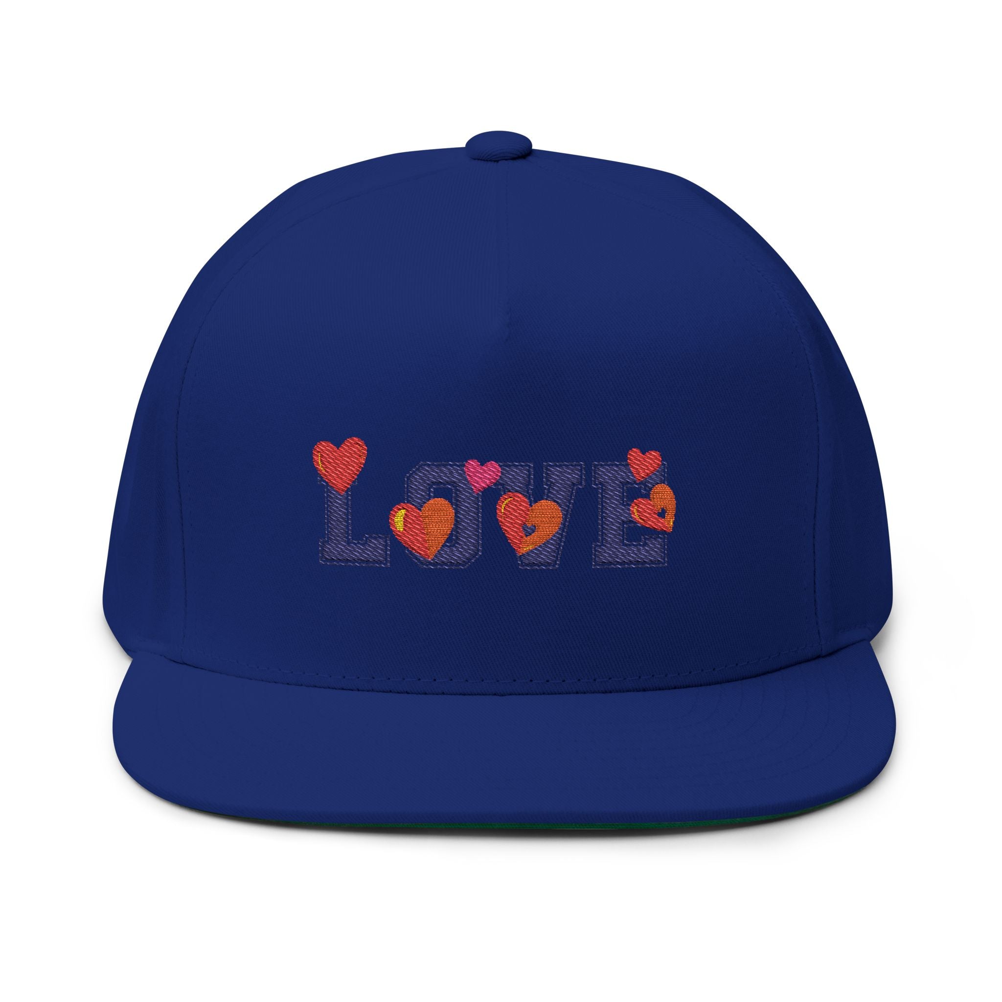 Blue cap with 'LOVE' and heart designs on a white background