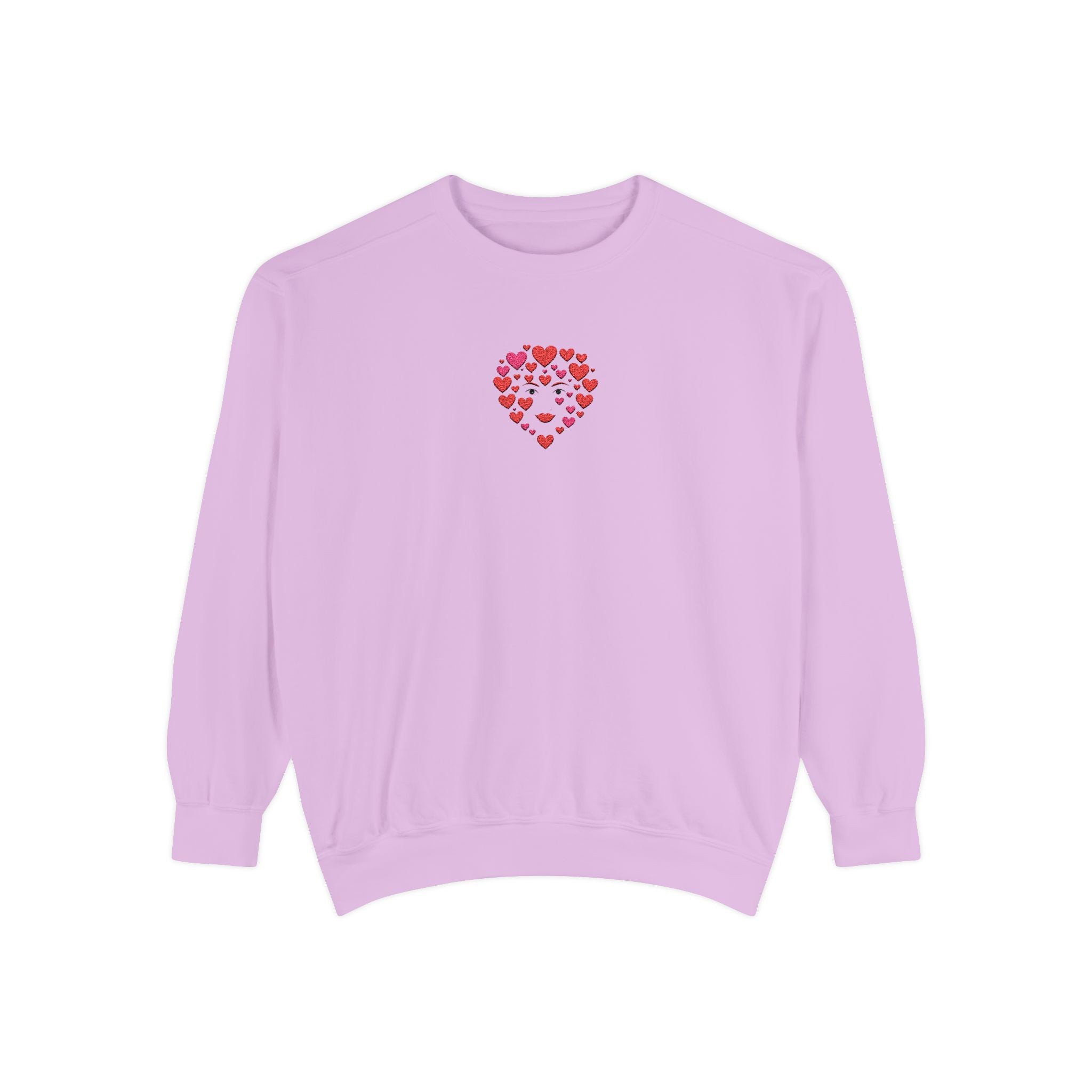 Lavender sweatshirt with a red heart design on a white background