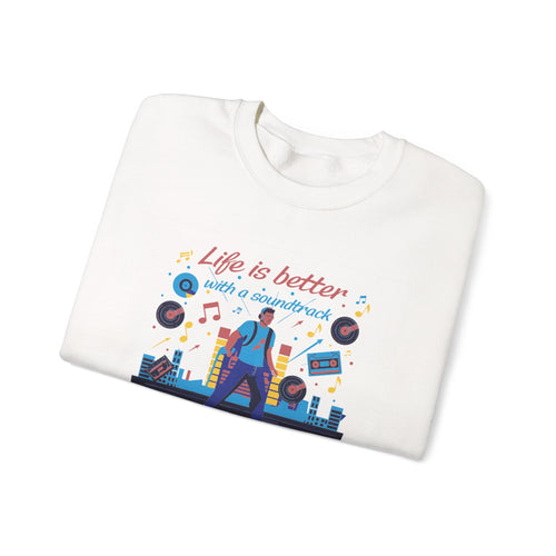 White t-shirt with colorful graphic and text 'Life is better with a soundtrack' on a white background