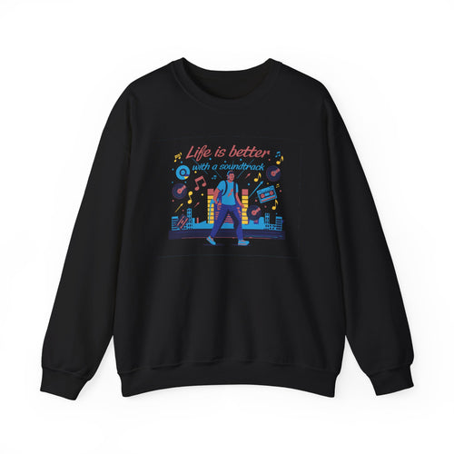 Black sweatshirt with colorful graphic and text 'Life is better with a soundtrack' on a white background
