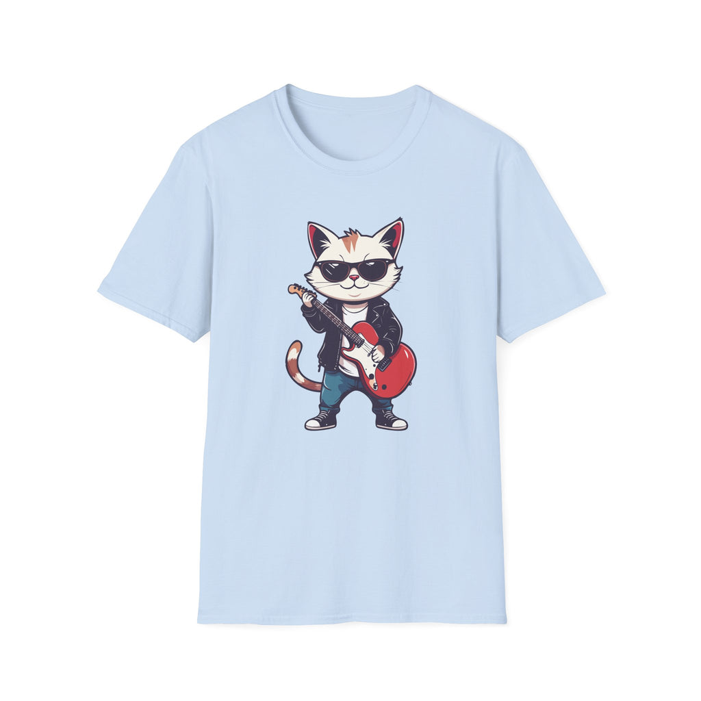 Light blue t-shirt with a graphic of a cat playing guitar on a white background