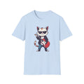 Light blue t-shirt with a graphic of a cat playing guitar on a white background