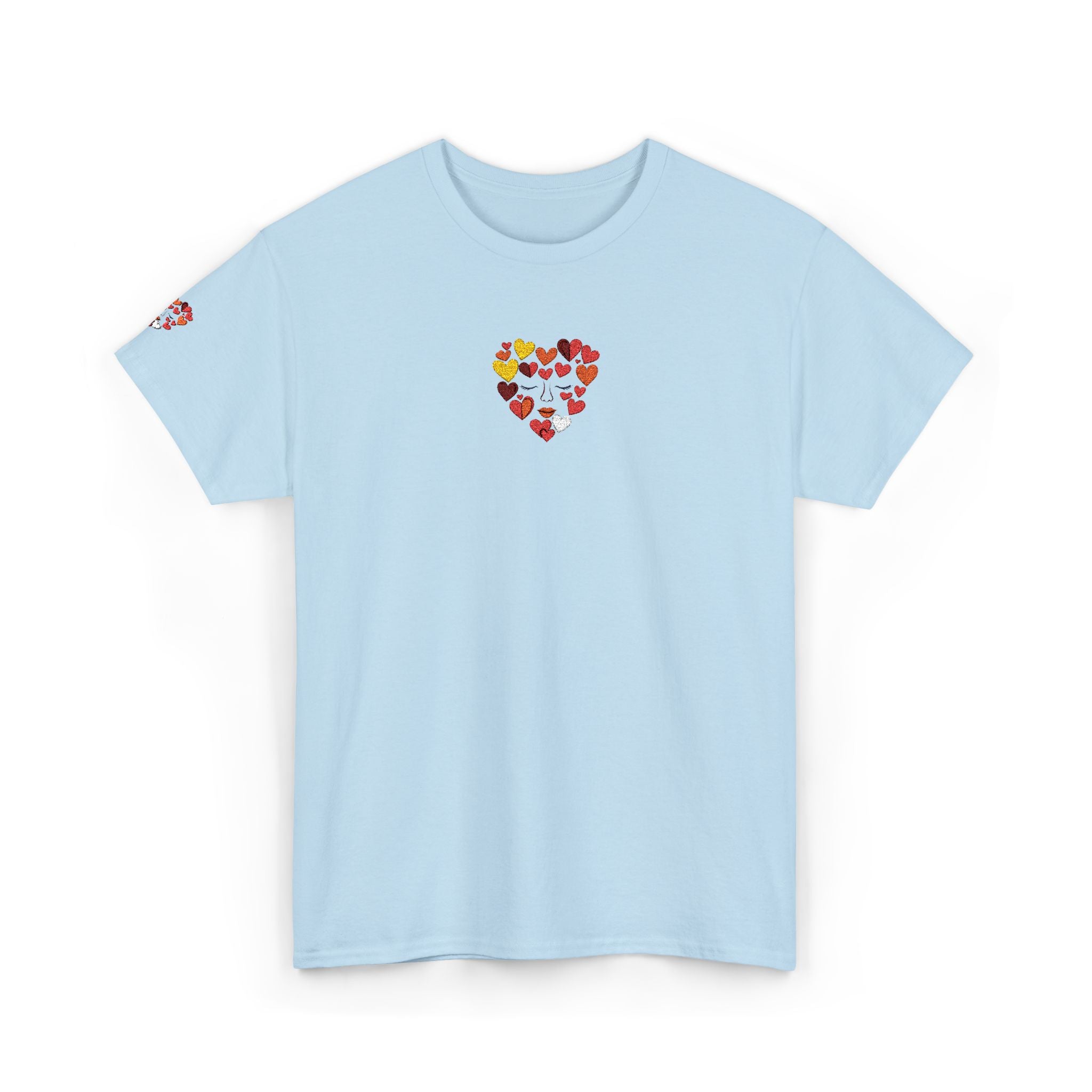 Light blue t-shirt with colorful heart design on a white background
