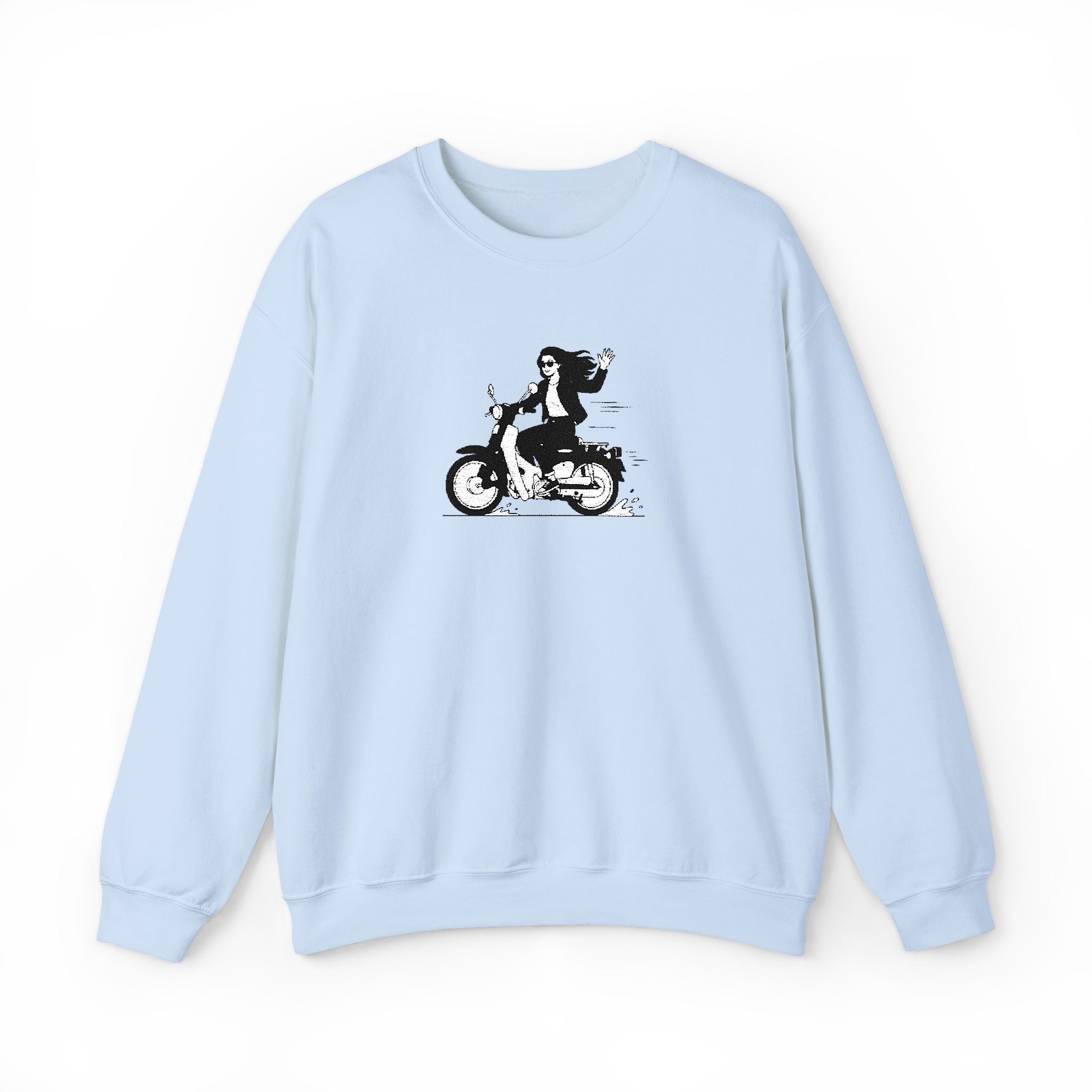 Light blue sweatshirt with a graphic of a person on a motorcycle on a white background