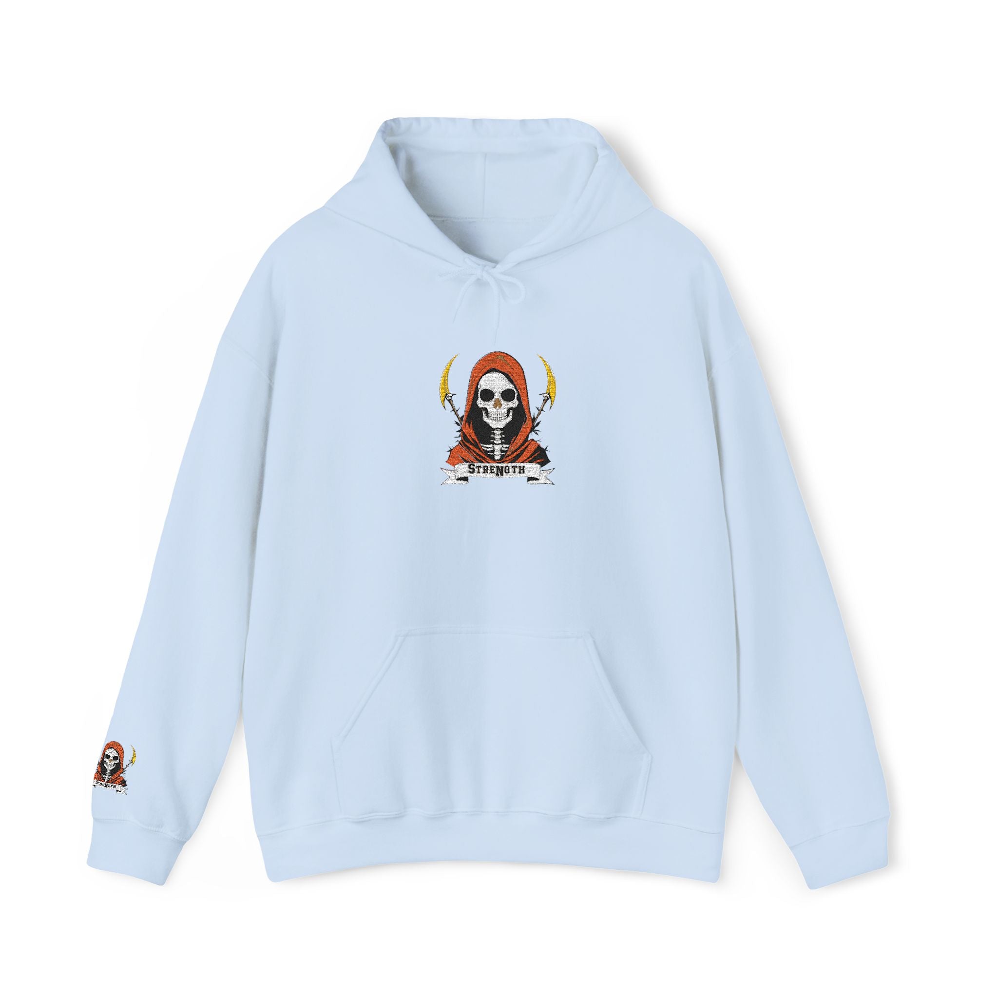 Light blue hoodie with a graphic design on a white background