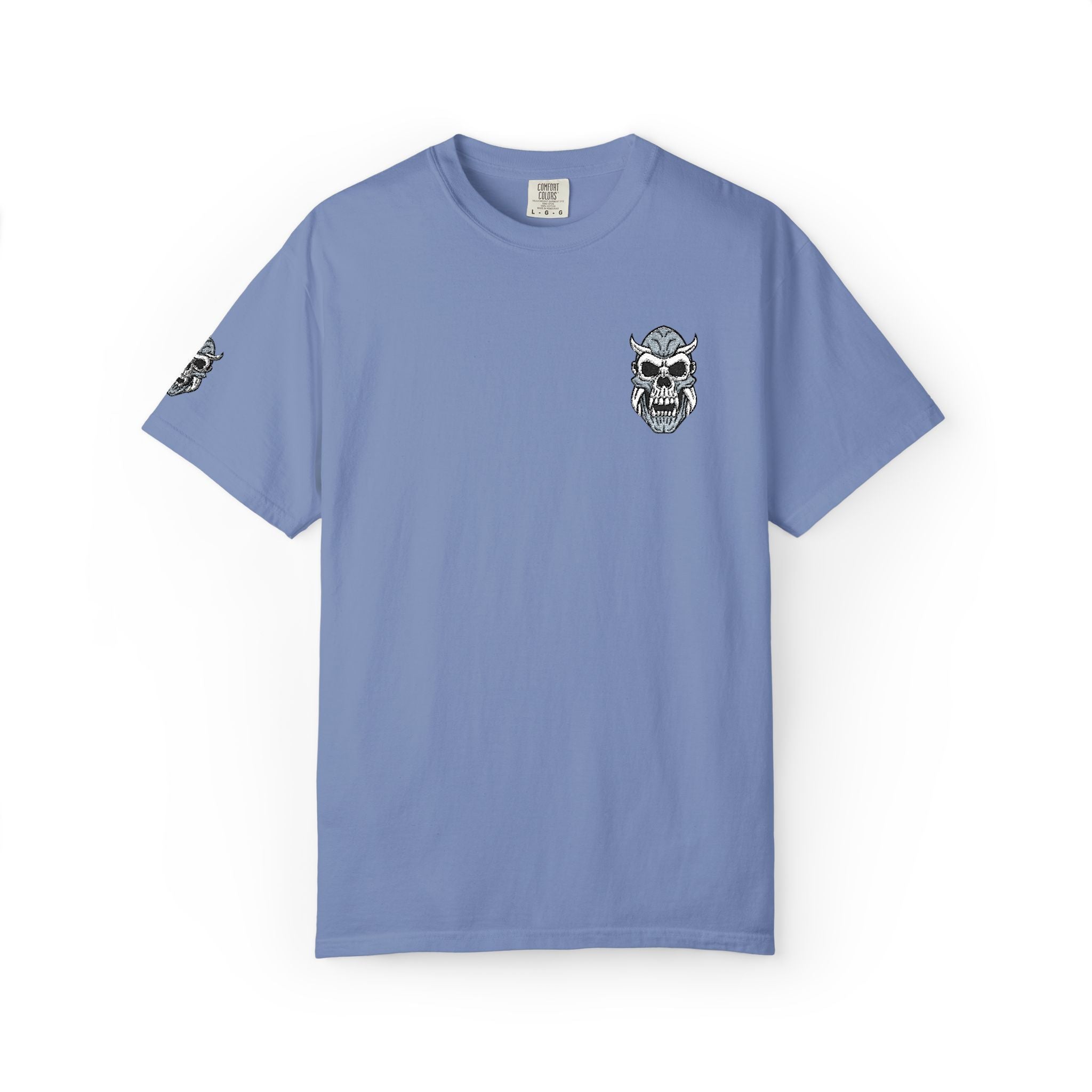Blue t-shirt with a skull design on a white background