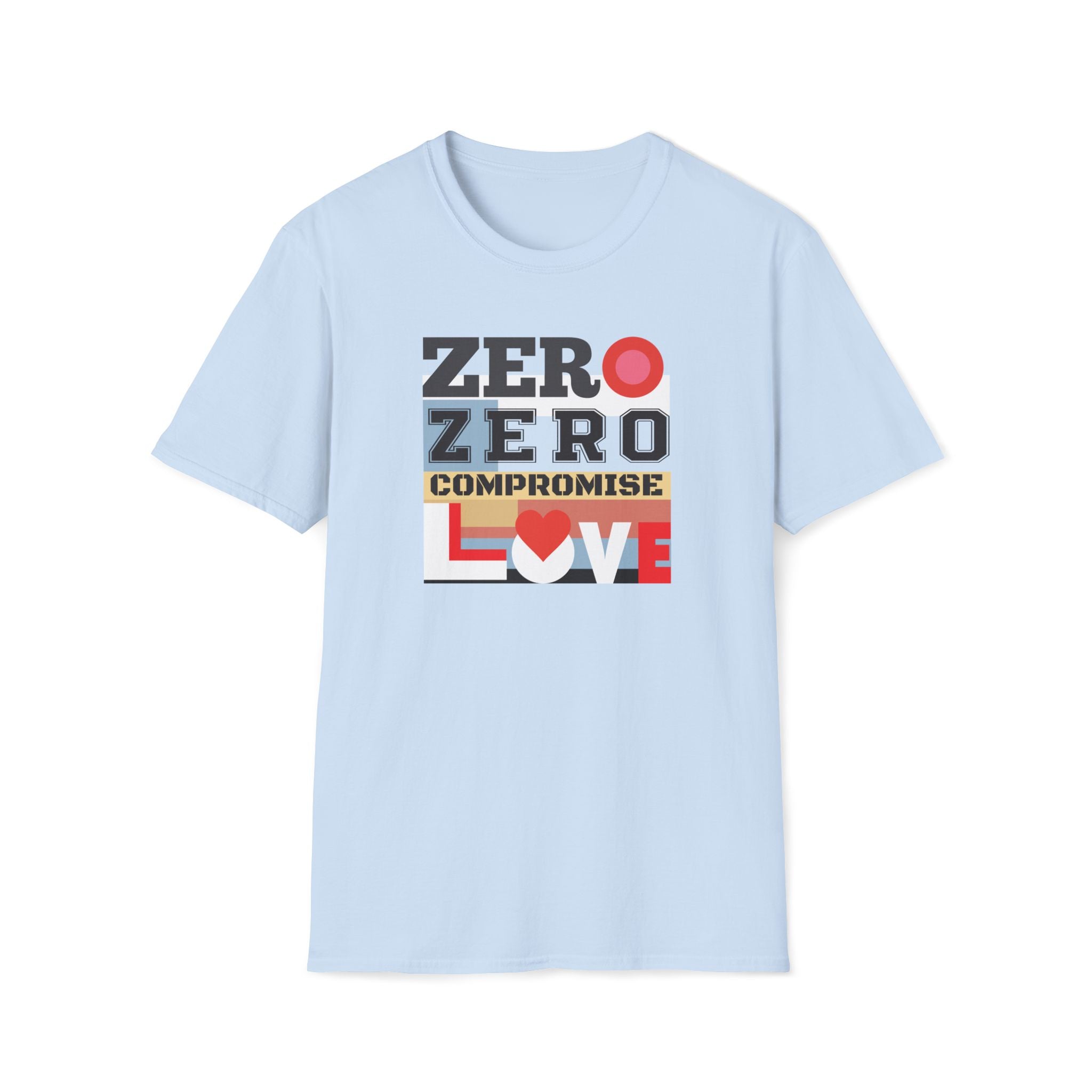 Light blue t-shirt with 'Zero Zero Compromise Love' graphic design on a white background