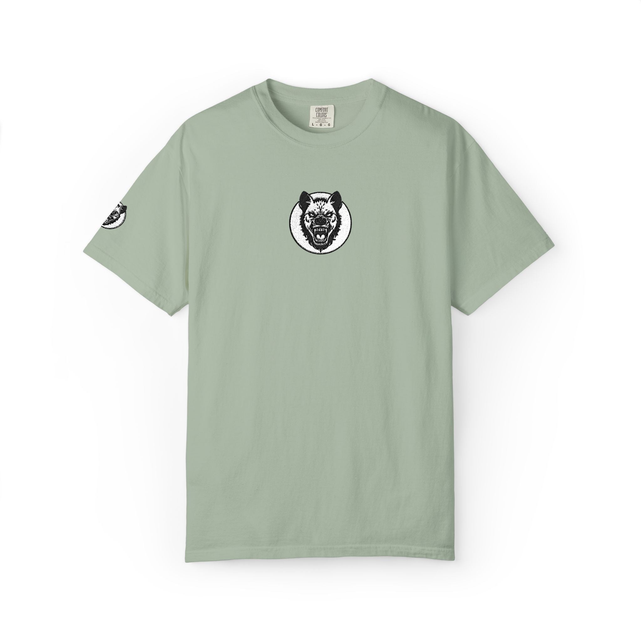 Light green t-shirt with a black and white graphic on a white background