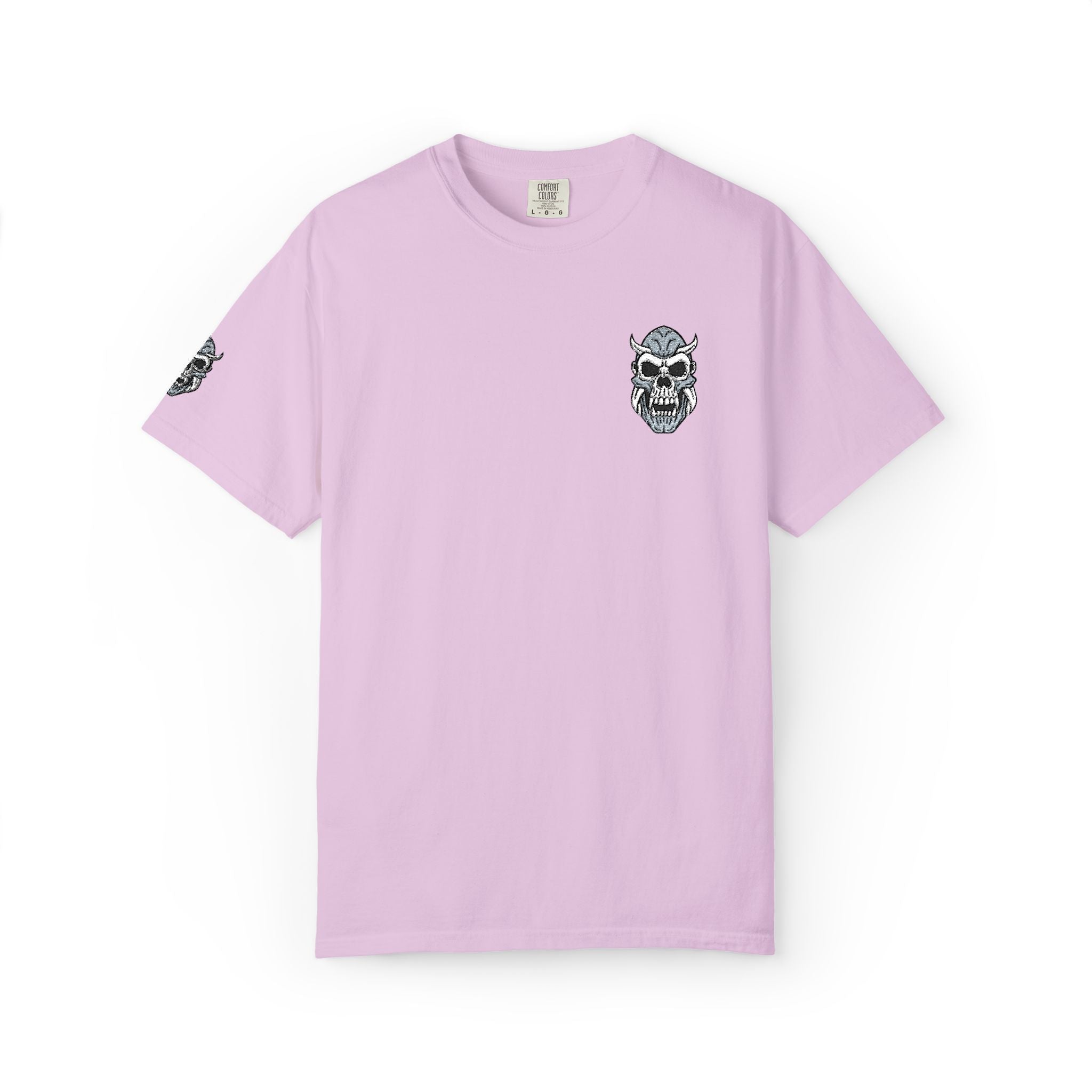 Light purple t-shirt with a skull design on a white background