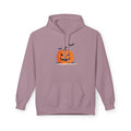 Purple hoodie with a Halloween-themed design of a jack-o'-lantern on a white background