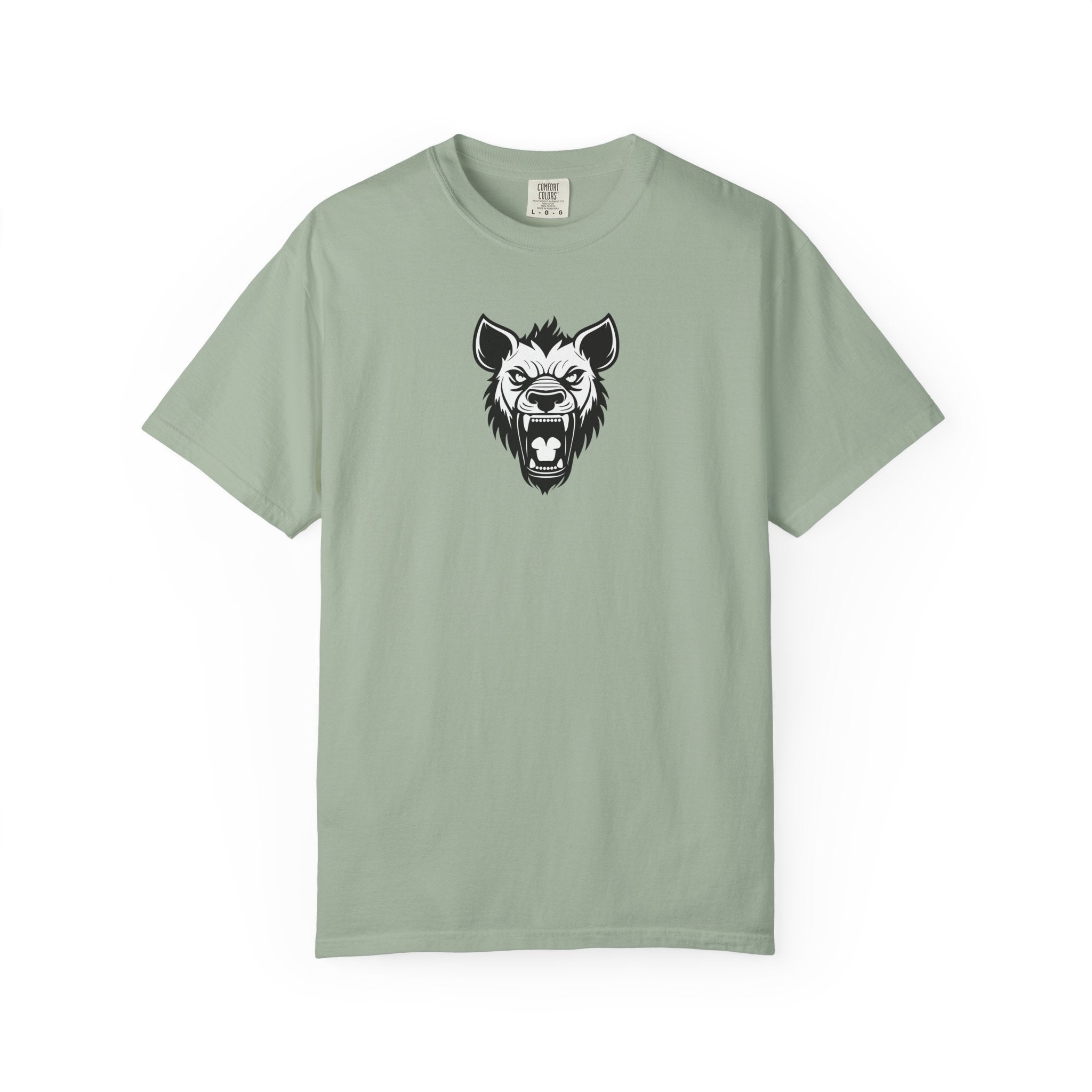 Light green t-shirt with a wolf graphic on a white background