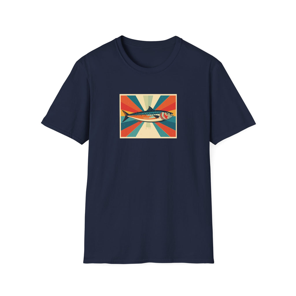 Navy blue t-shirt with a colorful fish graphic on a white background