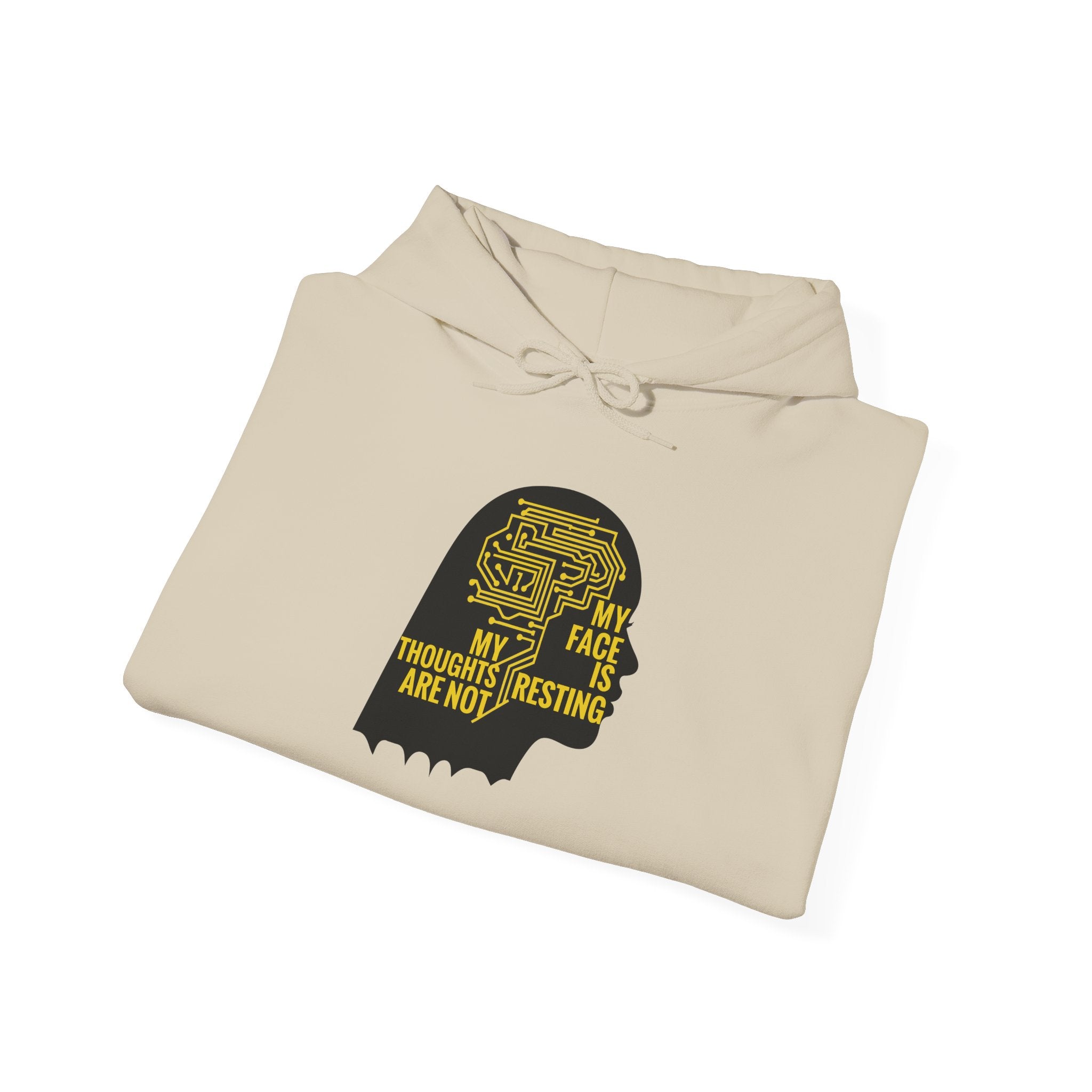 Beige hoodie with black and yellow graphic design on a white background