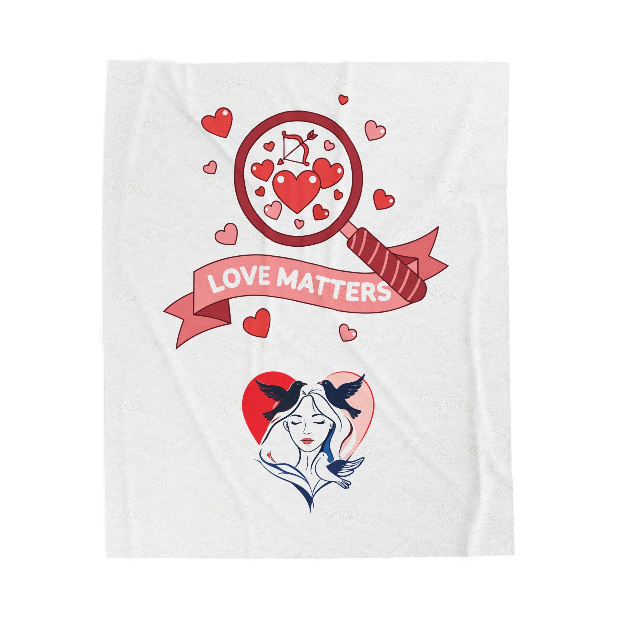 White t-shirt with 'Love Matters' design featuring hearts and a woman's face.