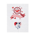 Card with 'Love Matters' design featuring hearts and a woman's face inside a heart on a white background.
