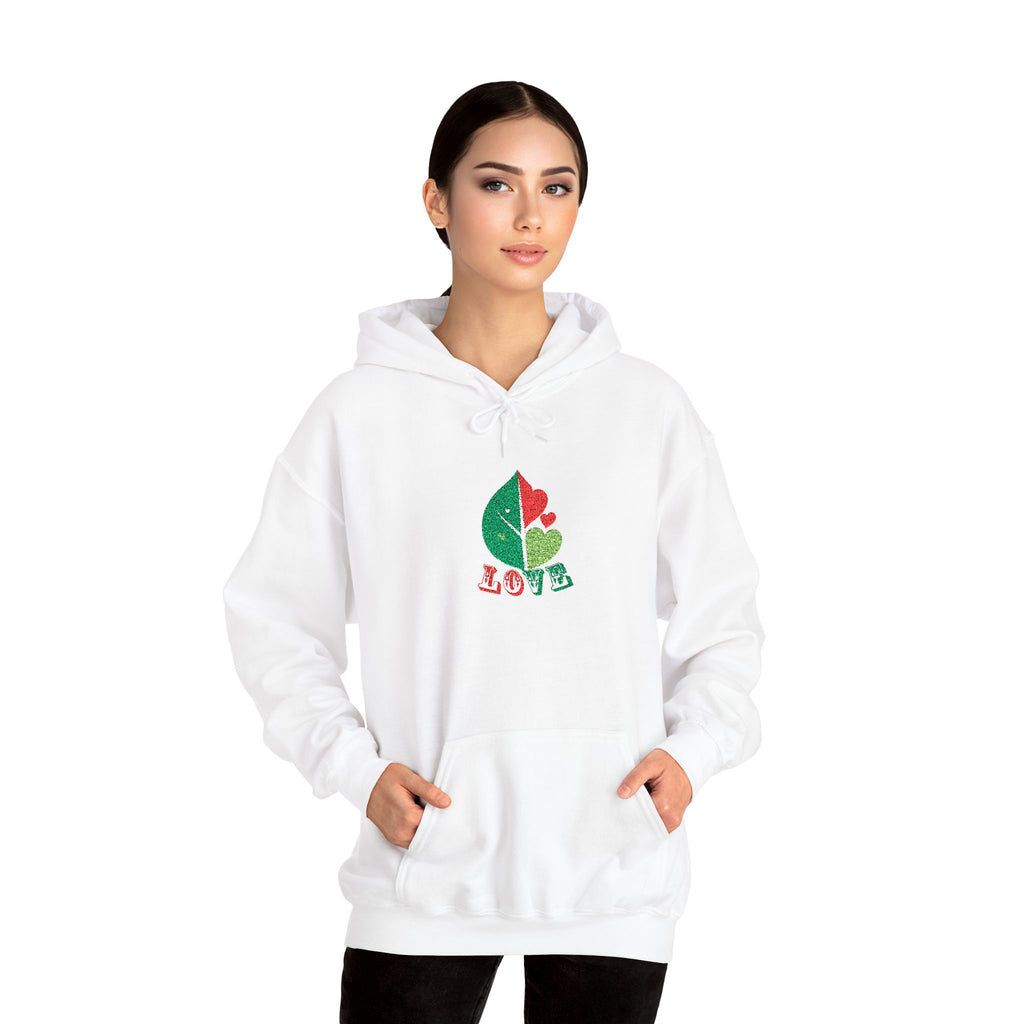 Woman wearing a white hoodie with a colorful design on a white background