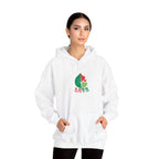 Woman wearing a white hoodie with a colorful design on a white background